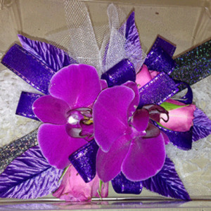 Fuchsia Orchids Purple Ribbon Wrist Corsage