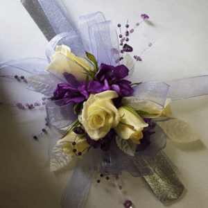 5 Lt. Yellow Roses Purple Accents Wrist Corsage