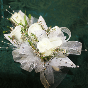 5 White Roses Sparkly Ribbon Corsage