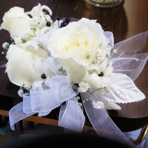 White Rose Black Stamen Stephanotis Corsage