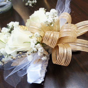 4 White Roses Baby's Breath Gold Ribbon Corsage