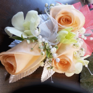 Peach Roses Beads Netting Coral Ribbon Corsage