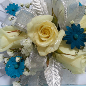 Cream Roses Blue Daisies Silver Ribbon Corsage