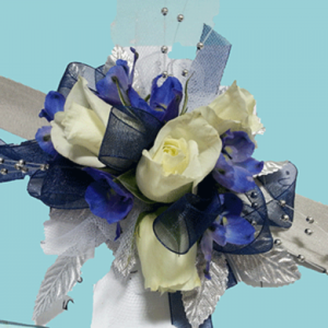 Cream Roses Dark Blue Accents Wrist Corsage