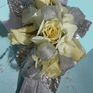 Off-White Roses Shiny Silver Ribbons Leaves Wrist Corsage