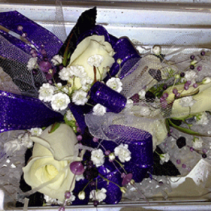 5 Cream Roses Baby's Breath Violet Ribbon Corsage