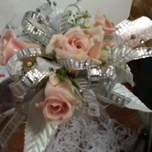 Peachy Roses Silver Ribbons Leaves Wrist Corsage