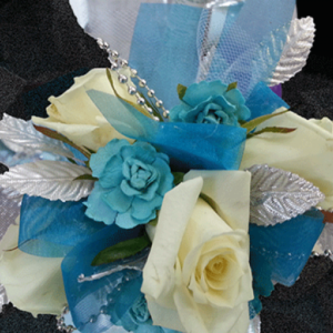 Cream Roses Blue and Silver Accents Wrist Corsage