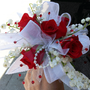 5 Red Roses Lily of the Valley White Ribbon Corsage