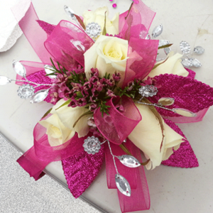 6 Cream Roses Magenta Ribbons Crystal Corsage