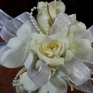 White Roses Orchids Silver Ribbon Corsage