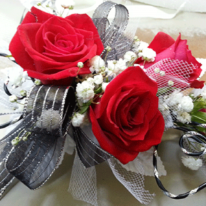 Red Roses Baby's Breath Black/Silver Ribbon Corsage