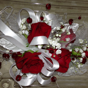 6 Red Roses Red Beads White Ribbon Corsage