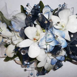 White Orchids Light Blue Accent Black Ribbon Corsage