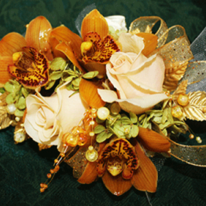 Peach Roses Orange Lillies Gold Ribbon Corsage