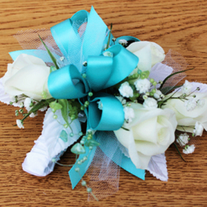 White Roses Baby's Breath Teal Ribbon Corsage