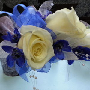 White Roses Periwinkle Colored Ribbon Corsage